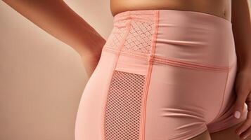 Closeup of a pair of Peach Fuzz bike shorts, featuring a trendy mesh panel design and sweatwicking fabric to keep you cool and comfortable during cycling or spin classes. photo