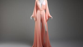 Minimalistic view of a Peach Fuzz coverup jumpsuit, designed with a plunging neckline and chic wideleg pants. photo