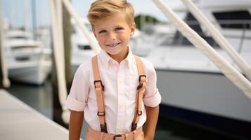 Closeup of a little boy in a Peach Fuzz ondown shirt and khaki pants, paired with suspenders and boat shoes for a dapper look. photo