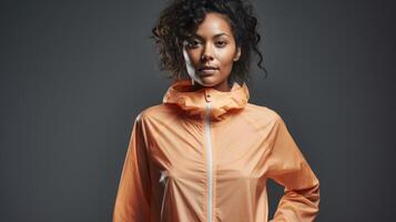 Minimalistic view of a Peach Fuzz windbreaker jacket, featuring a sporty design and waterresistant fabric to protect you during outdoor activities in light rain or windy conditions. photo