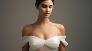 Minimalistic view of a modern and sleek couture bridal gown with a Peach Fuzz silk bodice and a chic offtheshoulder neckline. photo