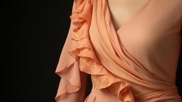 Closeup of a Peach Fuzz colored angrakha style jacket, with delicate thread work and a modern asymmetrical hemline. photo