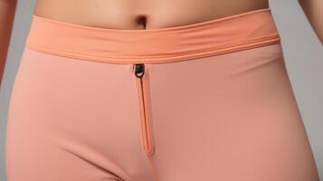 Closeup of a pair of Peach Fuzz yoga pants, made with a comfortable and stretchy fabric and a wide waistband for a flattering and functional yoga or Pilates session. photo