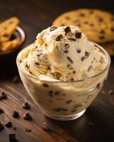 This mouthwatering closeup shot highlights the unique combination of creamy cookie dough infused with fragrant vanilla beans and garnished with crunchy cookie crumbs. photo