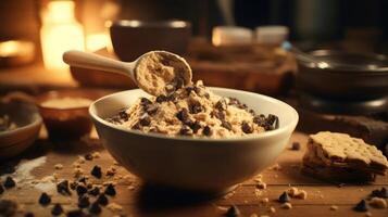 A captivating image featuring a wooden s digging into a bowl of edible cookie dough, revealing its chunky chocolate chunks and ery goodness. photo