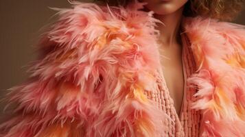 Closeup of a Peach Fuzz fringe jacket with a mix of soft and bold hues, giving off a whimsical and carefree vibe. photo