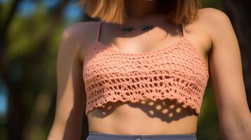 Closeup of a Peach Fuzz crochet crop top with a scalloped hem, giving off a bohochic vibe and perfect for pairing with highwaisted shorts. photo