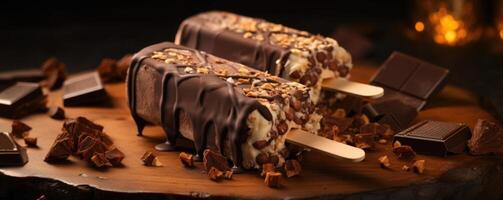 Treat yourself to a rich and indulgent popsicle featuring a velvety dark chocolate base, generously sprinkled with crunchy caramelized hazelnuts for a heavenly delight. photo