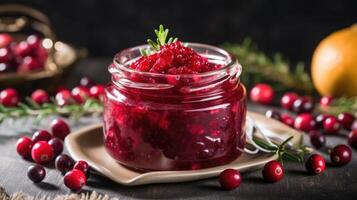 A minimalist shot showcases the evergreen appeal of cranberry sauce, presented in a small glass jar, giving a homey touch and inviting one to savor its bright, fruity flavors. photo