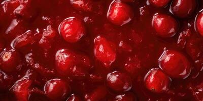 An overhead shot beautifully renders the cranberry sauce in its natural state, capturing the slight dimples and textures of the whole, intact cranberries. photo