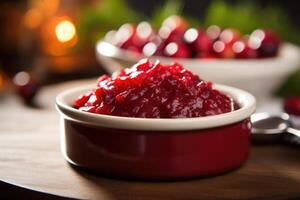 A side view shot captures the attractive simplicity of cranberry sauce, highlighting its vibrant red color as it gently flows down the sides of a serving dish. photo