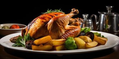 The roast chicken boasts a splendid presentation, with its succulent delicately balanced with a crips and crackling skin, making it a feast for both the eyes and the palate. photo