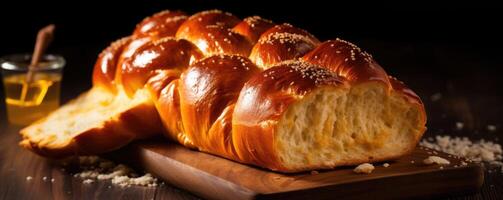 A crosssection of Challah bread exhibits its tight crumb structure, ensuring a tender bite that effortlessly melts in your mouth. photo