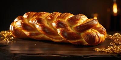 The timeless elegance of Challah bread is further accentuated by its golden hue, symbolizing comfort, tradition, and the artistry of baking. photo