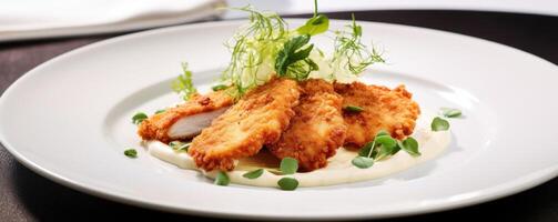 The impeccable presentation of the Chicken Schnitzel showcases the chefs attention to detail, with each piece expertly pounded thin and evenly coated for an ideal bite. photo