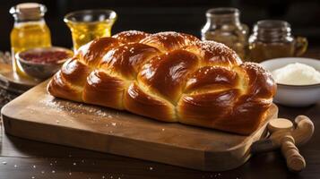 The golden crust of the Challah bread shimmers with a slight crunch, giving way to a delicate interior that is soft yet resilient. photo