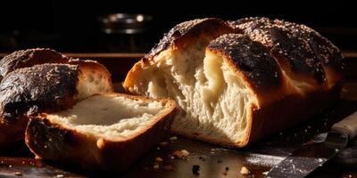 The contrast between the darkened crust and the lighter, pillowy inside of the Challah bread adds visual intrigue to each slice, tempting taste buds even before taking a bite. photo