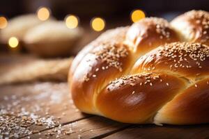 A generous sprinkling of sesame seeds embellishes the top of the Challah bread, offering a subtle nutty undertone to its overall flavor profile. photo