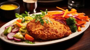 A generous portion of Chicken Schnitzel is beautifully plated alongside a vibrant medley of colorful vegetables, adding a refreshing touch to the dish. photo