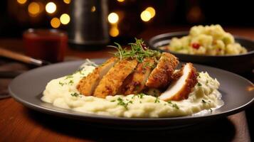 The Chicken Schnitzel is skillfully served with a side of creamy mashed potatoes, accentuating the flavors of the dish and providing a creamy complement to its crispy exterior. photo