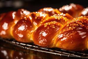 The shiny glaze adorning the Challah breads surface creates an alluring sheen, contributing to its inviting and appetizing appeal. photo