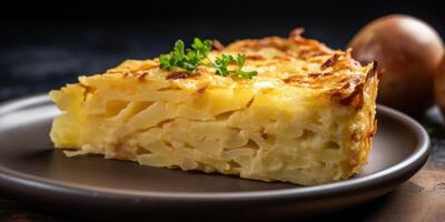 un lado ver de un rebanada de patata kugel, exhibiendo el distinto Delgado capas de perfectamente sazonado papas, horneado a un dorado perfección. foto