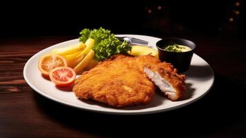 Expertly cooked to maintain its juiciness, the Chicken Schnitzel offers a delightful contrast of textures with its velvety meat encased in a crisp, golden shell. photo