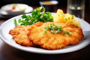 The golden hue of the Chicken Schnitzel evokes a sense of comfort and warmth, promising a delicious meal that is both visually appetizing and palatably satisfying. photo