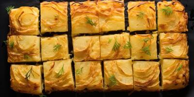 An overhead shot presenting a perfectly browned potato kugel, into individual squares, showcasing its even distribution of golden crust and tender potato layers. photo
