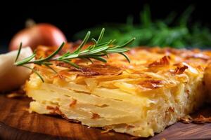 A closeup shot of a crispy corner piece of potato kugel, showcasing its irresistible crunchy texture and layers of thinly sliced potatoes. photo