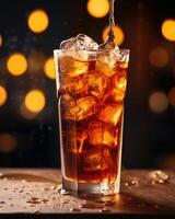 Zoomedin shot capturing the delicate caramel hue of cola as it gracefully fills the frame, invoking a sense of warm comfort and familiarity. photo