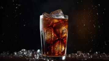 Diagonal shot displaying a glass of cola against a dark background, with a thin layer of frost forming on the surface, evoking a tempting and irresistible visual appeal. photo