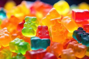 Indulge in the chewy texture of these bitesized gummy bears, each one flaunting a translucent appearance that reveals the vibrant hues of their fruity essence. photo