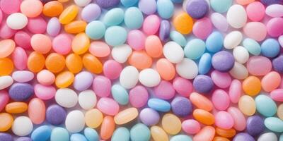 Explore a plethora of bitesized gummy candies in a dazzling array of pastel colors, showcasing a delicate mixture of pink, peach, teal, and lavender. photo