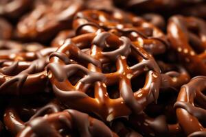 A closeup shot portrays a single chocolatecovered pretzel, revealing the intricate latticelike chocolate pattern that hugs the pretzels contours, adding an elegant touch. photo