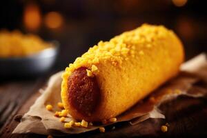 With its contrasting textures of crunchy cornbread and succulent, smoky sausage, this corn dog promises an enjoyable sensory experience with every bite. photo