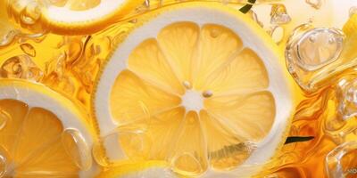 A playful swirl of lemon slices and ice cubes dances atop a vibrant pitcher of sugary iced tea, offering a delightful visual treat. photo