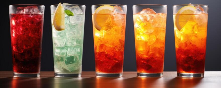 A visually appealing gradient of colors is revealed in a tall glass of layered sugary iced tea, creating an artistic masterpiece with each sip. photo