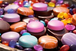 These bitesized gems brim with a rainbow palette, transforming any dessertscape into a vivid wonderland, while the enchantingly smooth milk chocolate within melts in your mouth. photo