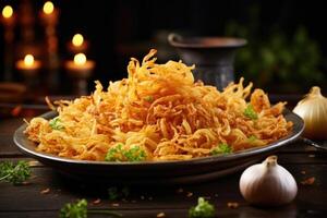 An appetizing platter holding a delectable assortment of goldenfried onion blossoms, enticingly inviting you to dive into their crunchy depths. photo