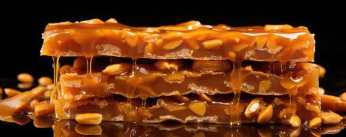 A zoomedin shot of a crosssection of a peanut brittle piece, revealing the rich layers of golden caramelized sugar enclosing a generous amount of whole peanuts. photo