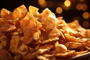 A lowlight shot featuring a stylishly arranged pile of peanut brittle chunks, casting soft shadows which enhance the texture and depth of the image. photo