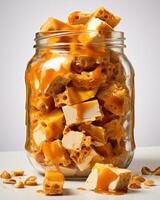 A shot captured from within a glass jar filled with peanut brittle, showcasing the transparency of the jar and the tempting contents that await the viewer. photo