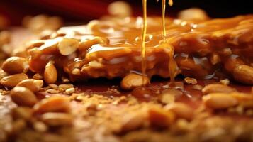 A closeup shot emphasizing the glossy surface of a peanut brittle piece, enveloping the rough, uneven edges and the colorful mosaic of whole peanuts within. photo