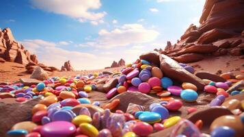 These bitesized wonders resemble tiny candy pebbles strewn across a dessert landscape, infusing each morsel with bursts of vibrant colors and a luscious milk chocolate core. photo