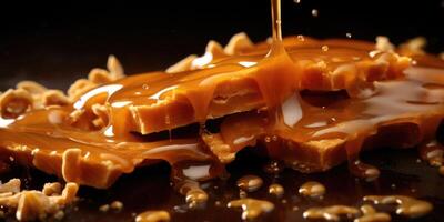 An angled shot capturing the beautiful crunchiness of peanut brittle as it shatters into bitesized fragments, conveying its satisfying tactile experience. photo