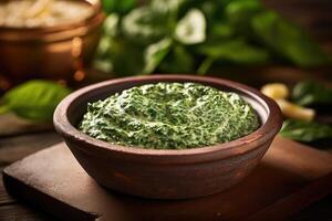 A true feast for the senses, the creamed spinach glistens with a luscious sheen, inviting you to dive into its delicate blend of creamy richness and vibrant, nutrientpacked greens. photo