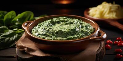 An alluring display of creamed spinach, the velvety texture of the cream sauce delicately coating tender spinach leaves, each mouthful an exquisite blend of silkiness and freshness. photo
