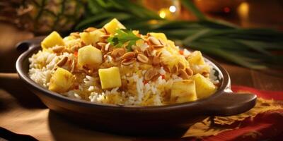 A taste of the tropics unfolds in this exotic stuffing, as tender jasmine rice is adorned with juicy pineapple, toasted macadamia nuts, and a pinch of curry, transporting your palate to photo