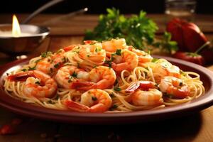 Feast your eyes on this mouthwatering food shot featuring a generous serving of Cider Avoid simmered shrimp scampi, served on a bed of al dente linguine, garnished with freshly chopped photo